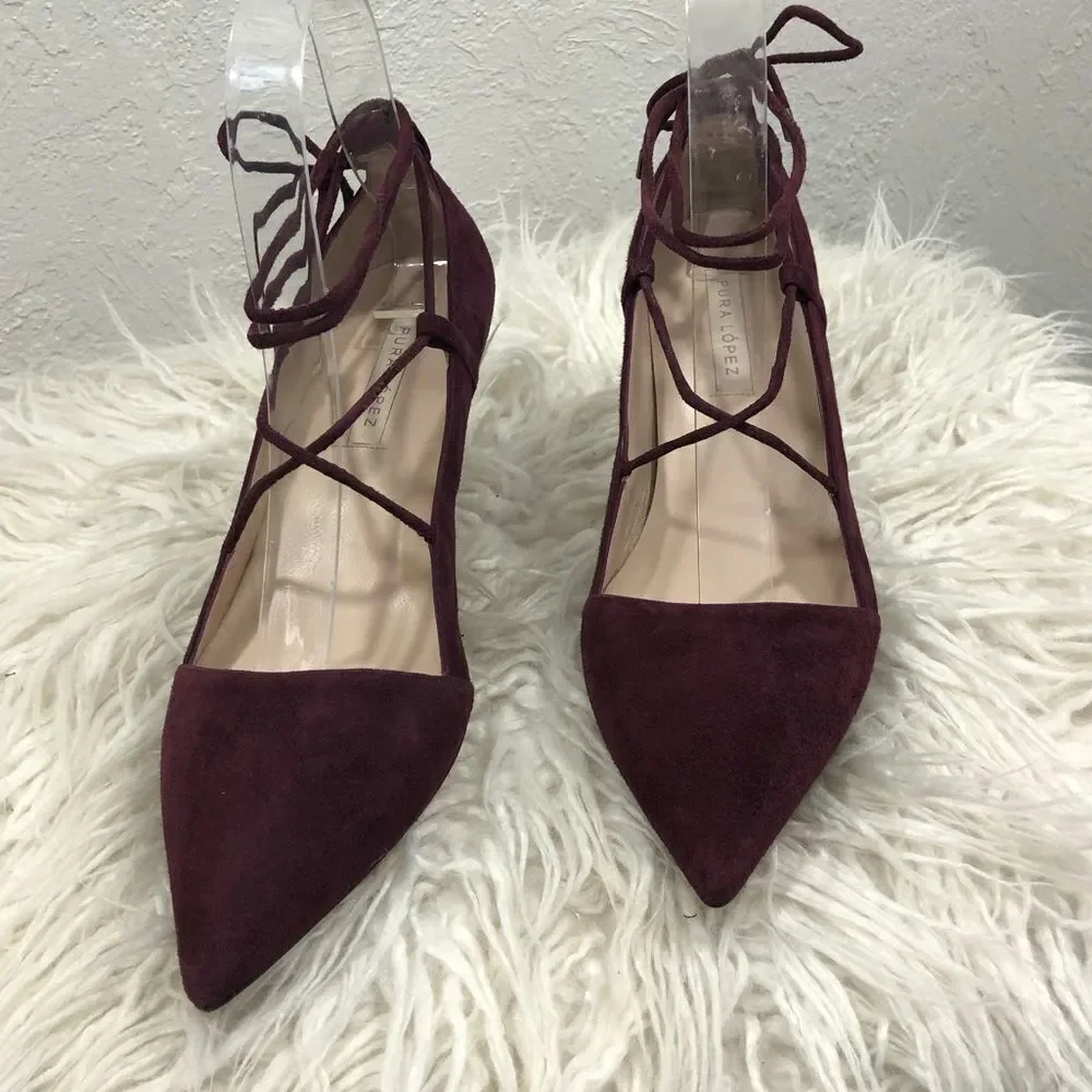 PURA‎ LOPEZ -MAROON ANKLE TIE SUEDE PUMPS HEELS S4